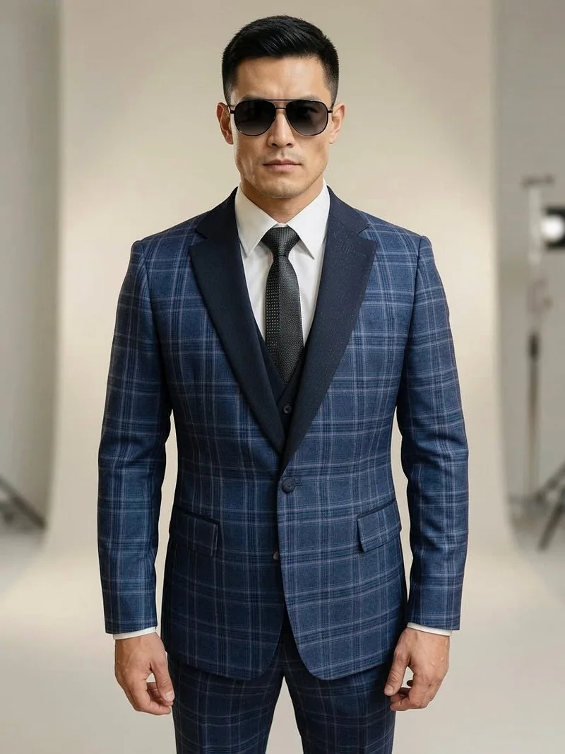 Blue plaid three-piece tailoring