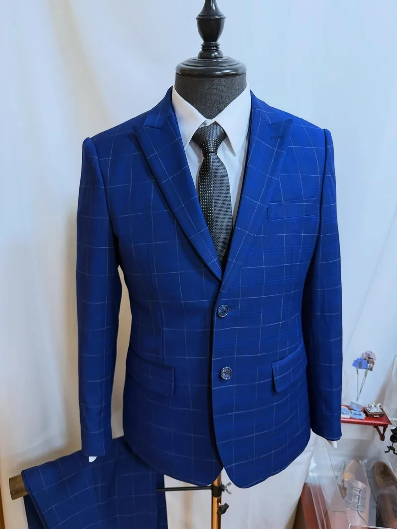 S. PREMIERE blue windowpane bespoke suit
